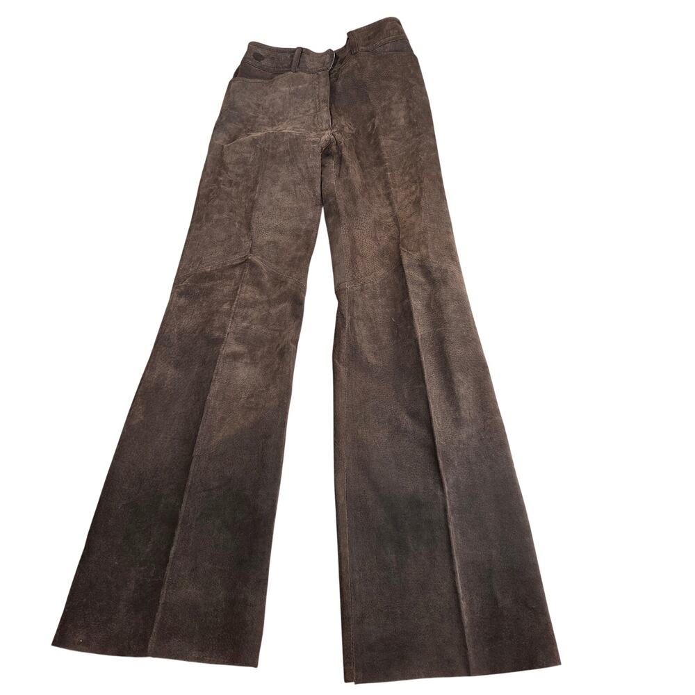 Vintage Brown Suede Leather Pants Womens 7/8 Talon Zip Hong Kong Wide Leg